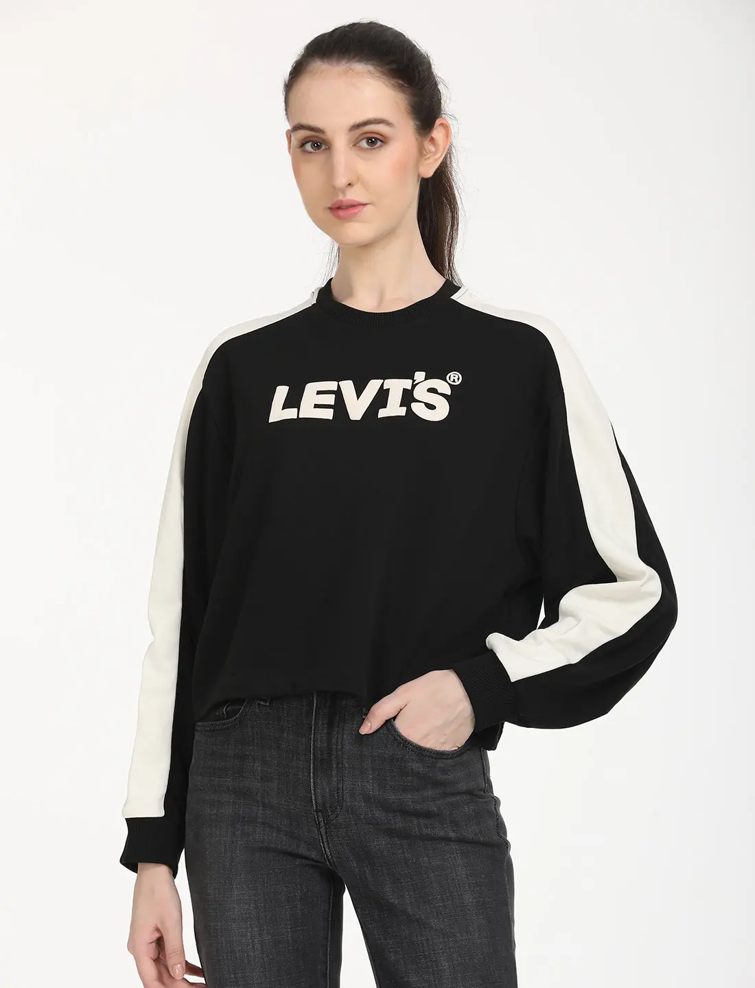 Women's Brand Logo Black Crew Neck Sweatshirt 1