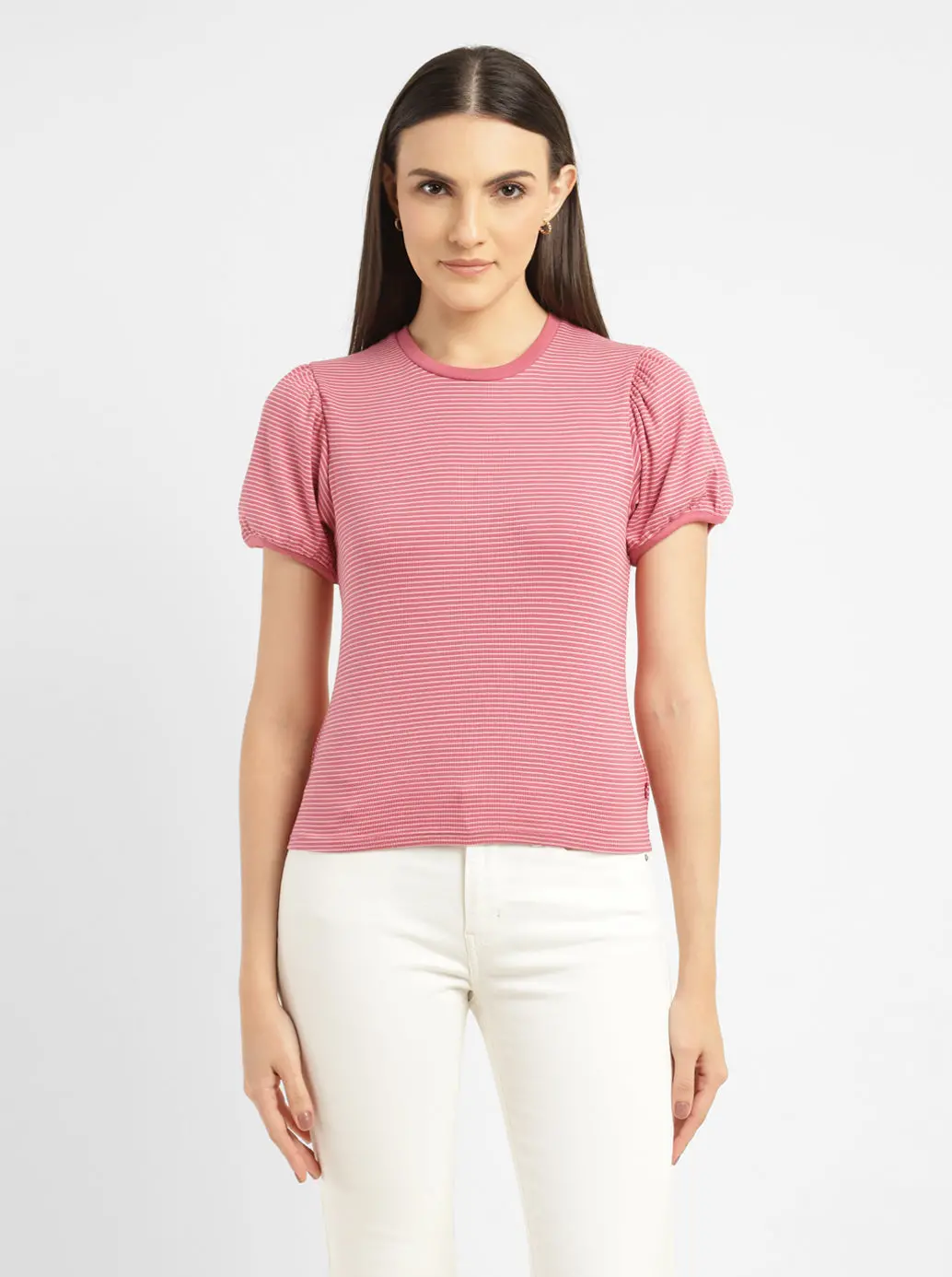 Women's Striped Pink Round Neck Top 1