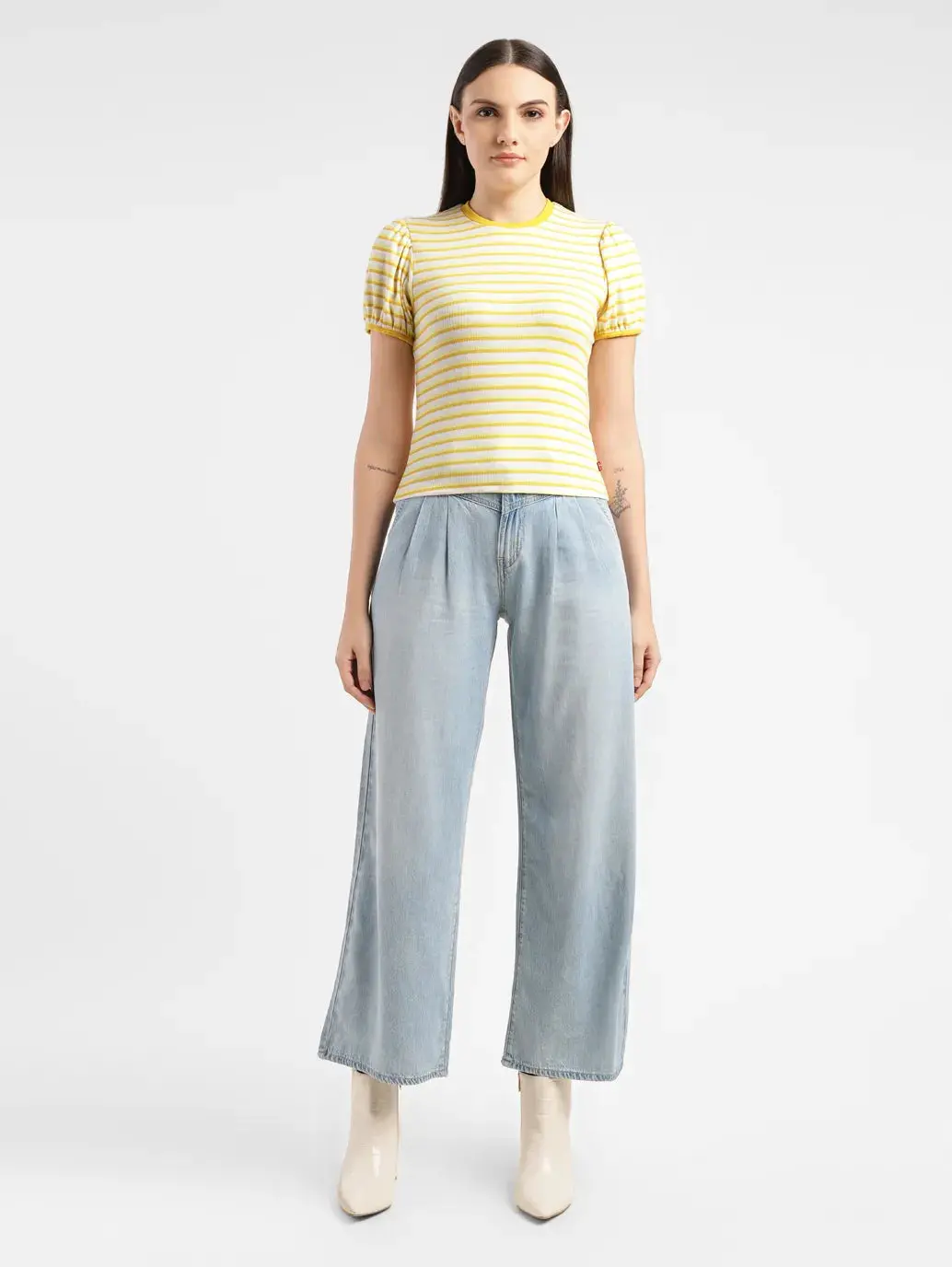 Women's Striped Yellow Crew Neck Top 1