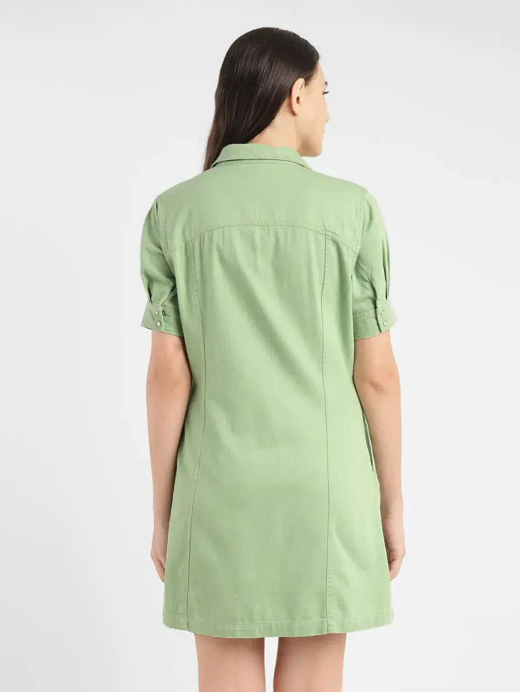Women's Solid Green Spread Collar Dress 3