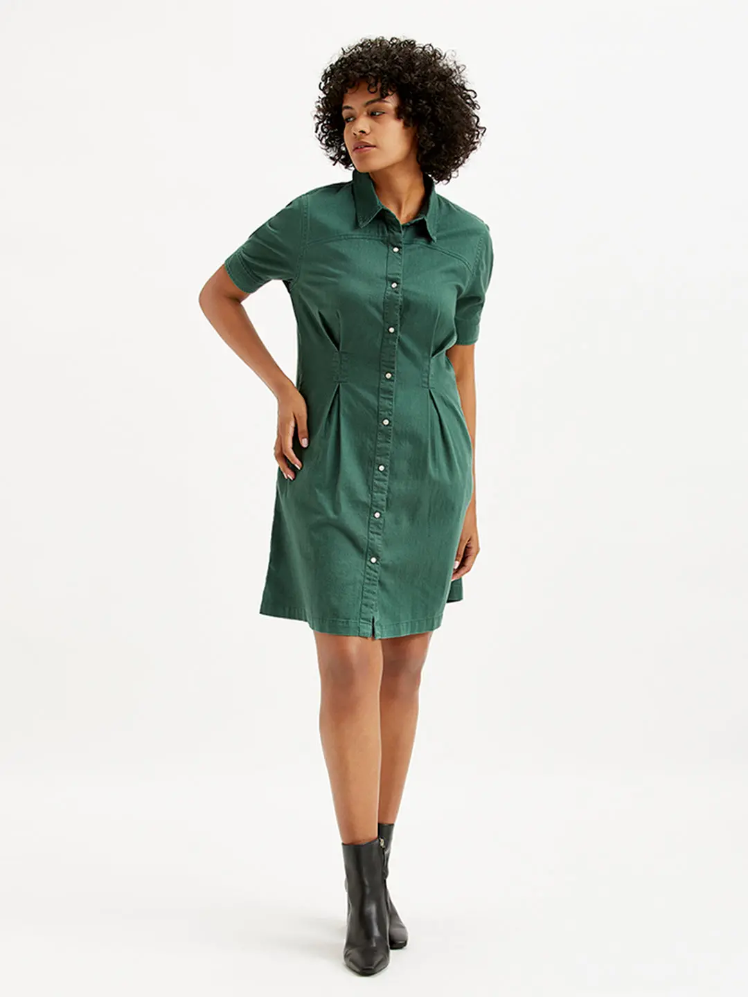 Women's Solid Green Spread Collar Shirt Dress 1
