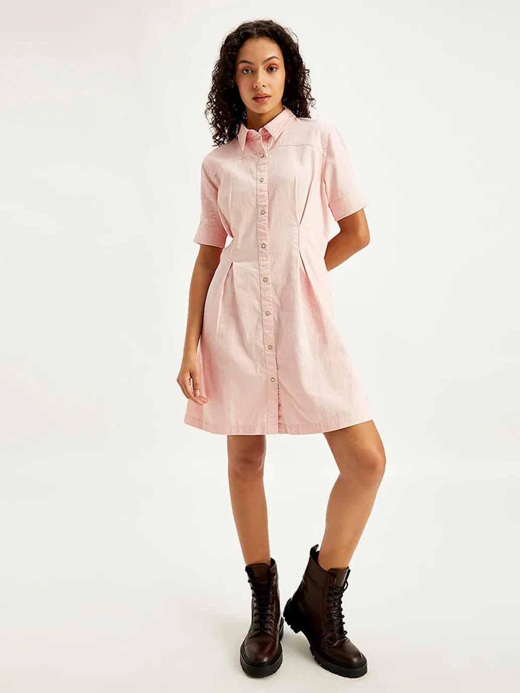 Women's Solid Light Pink Spread Collar Shirt Dress 1