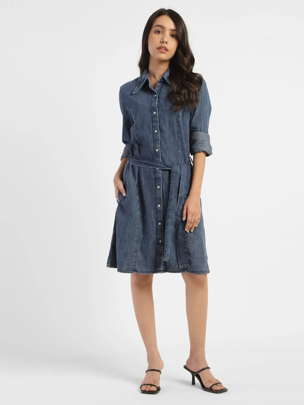 Women's Solid Mid Indigo Shirt Collar Dresses 1