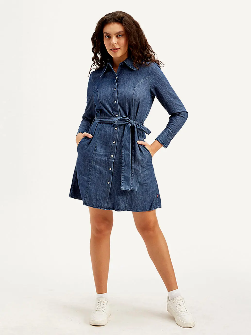Women's Solid Navy Spread Collar Dress 1