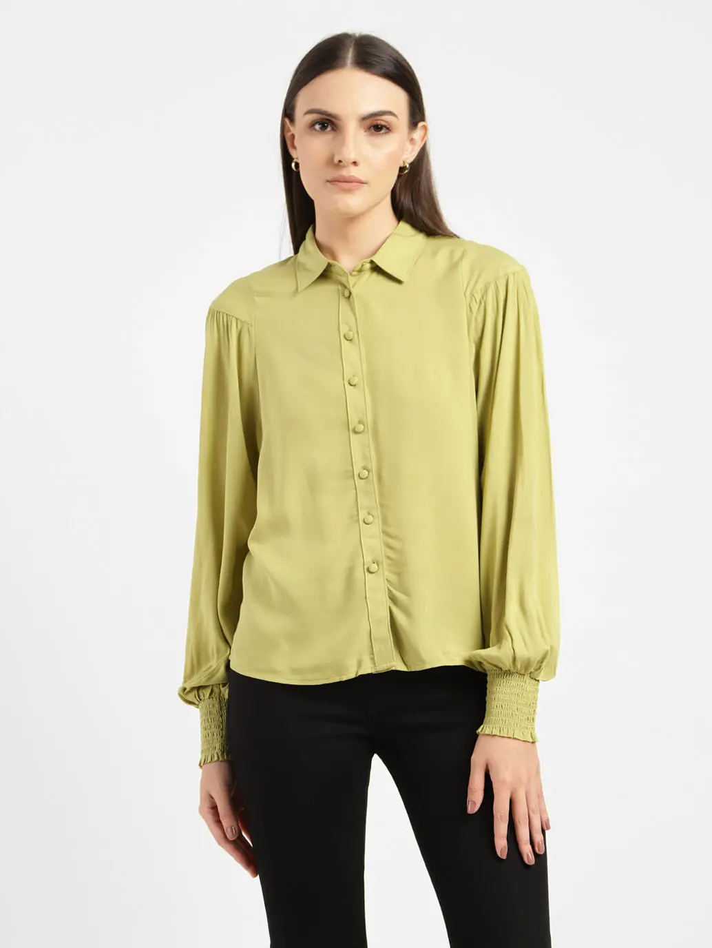 Women's Solid Spread Collar Shirt Green 1