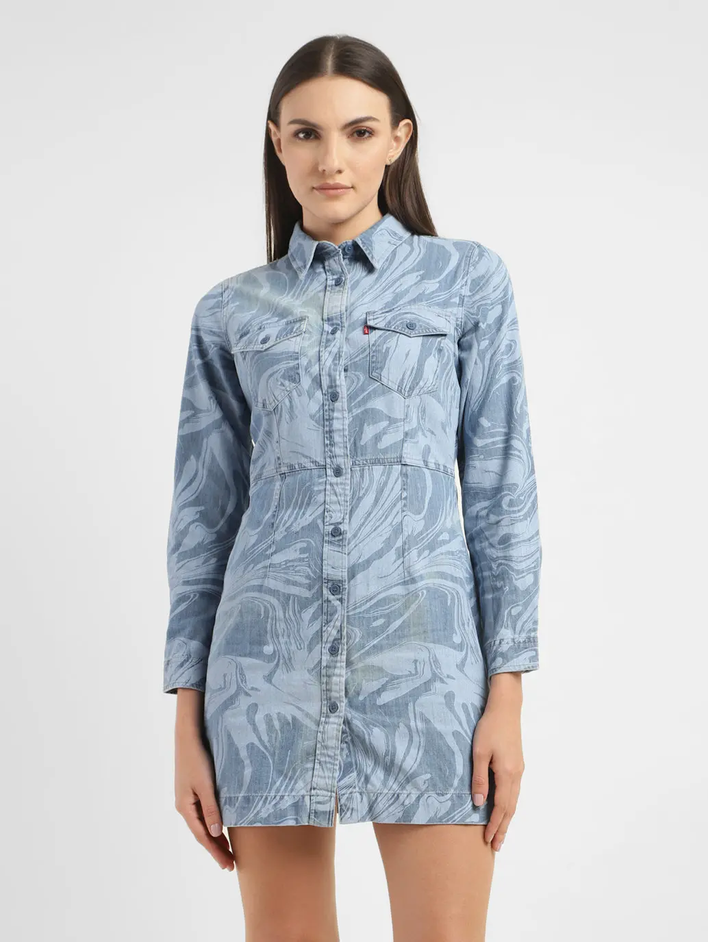 Women's Printed Spread Collar Denim Dress 1