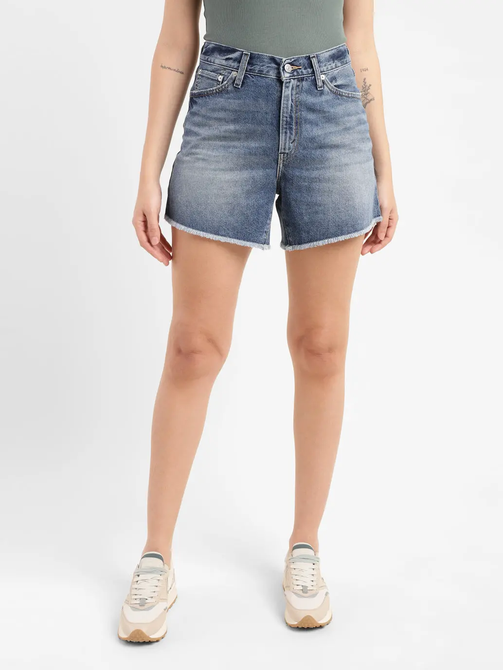 Women's High Rise Mid Indigo Regular Fit Denim Shorts 2