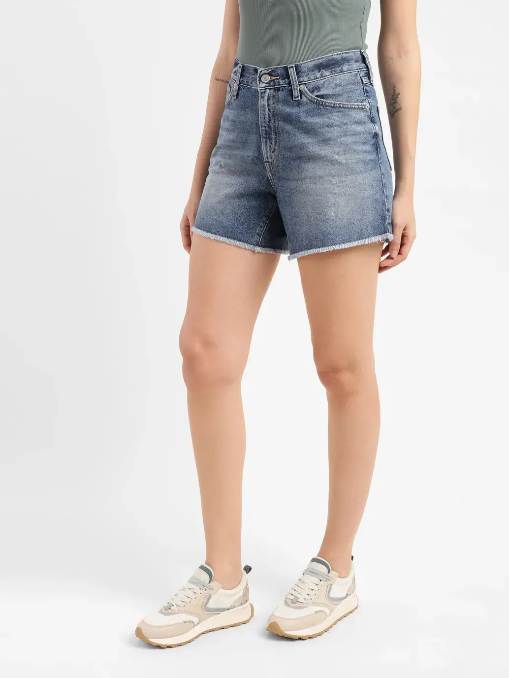 Women's High Rise Mid Indigo Regular Fit Denim Shorts 4
