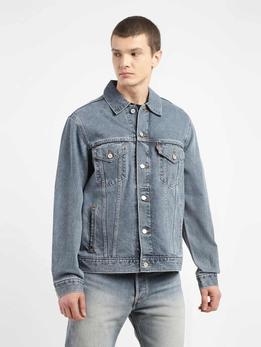 Men's Solid Spread Collar Denim Jacket 1