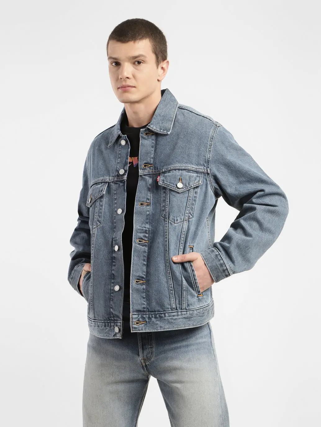 Men's Solid Spread Collar Denim Jacket 2