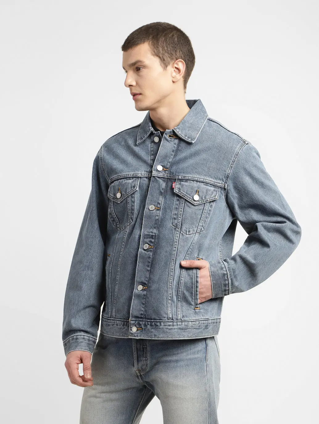 Men's Solid Spread Collar Denim Jacket 4