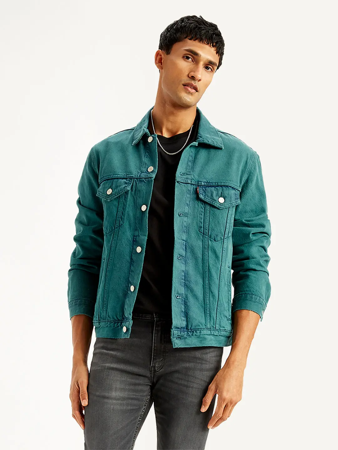Men's Solid Teal Spread Collar Denim Trucker Jacket 1
