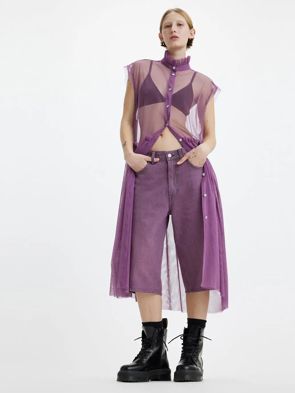 Women's High Neck Net A-Line Sheer Midi Dress 1