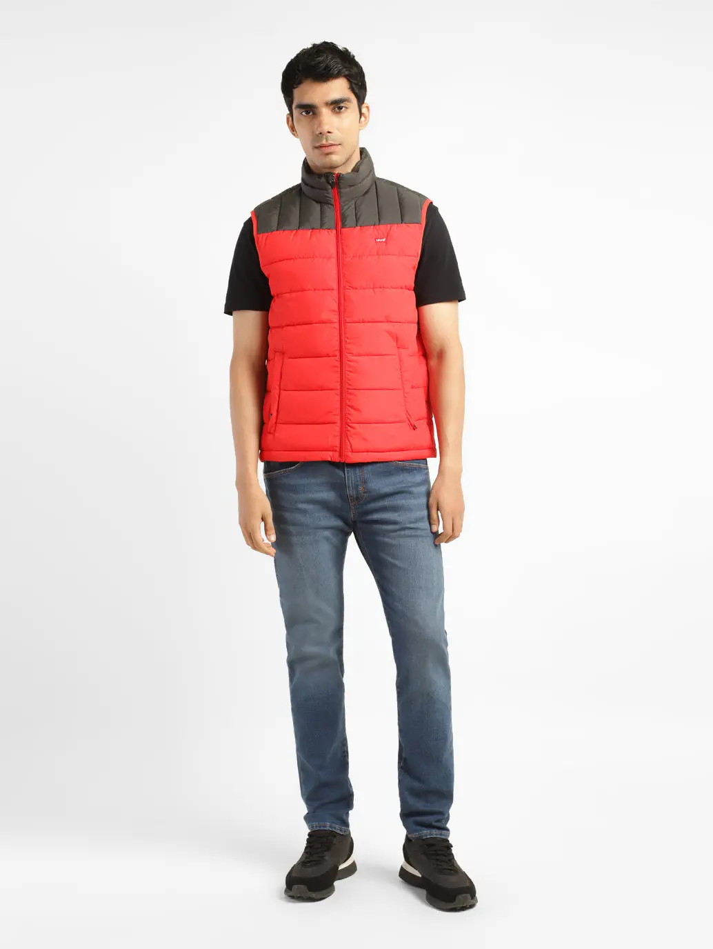 Men's Solid Red Mandarin Collar Quilted Jacket 1