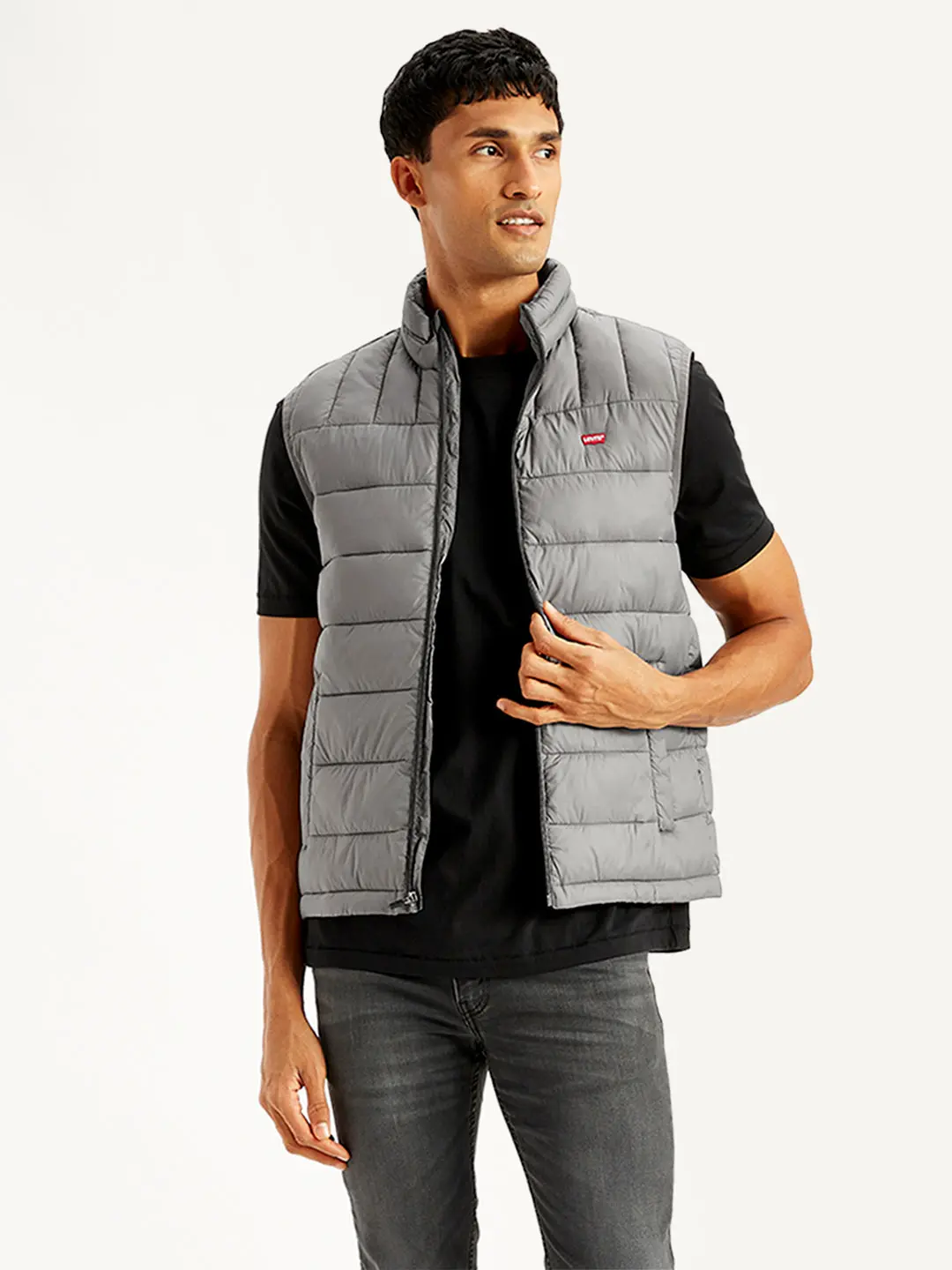 Men's Quilted Grey High Neck Puffer Jacket 1