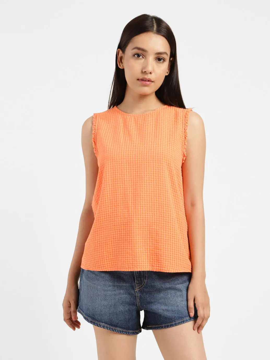 Women's Checkered Orange Round Neck Top 1