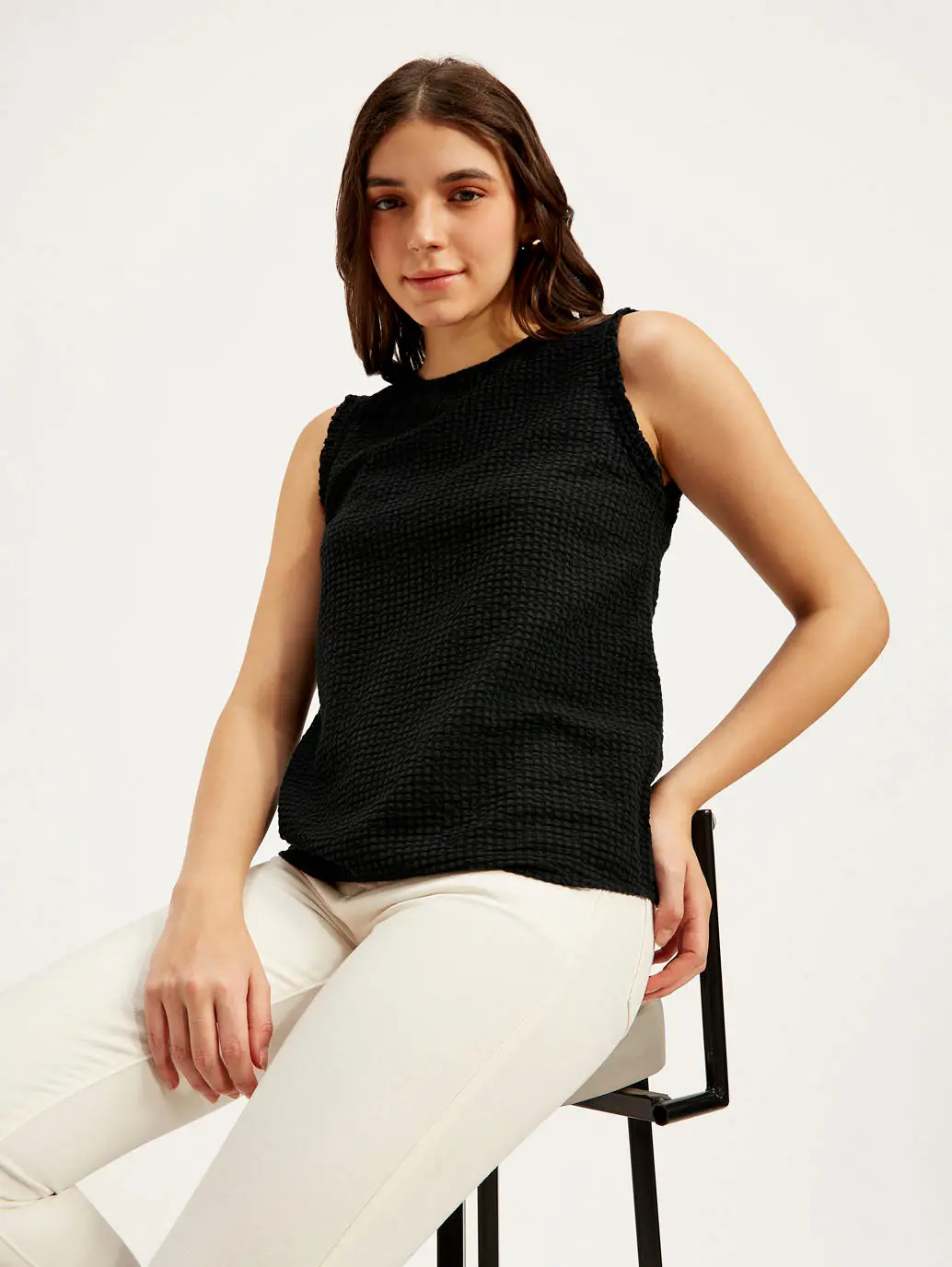 Women's Textured Black Round Neck Top 1