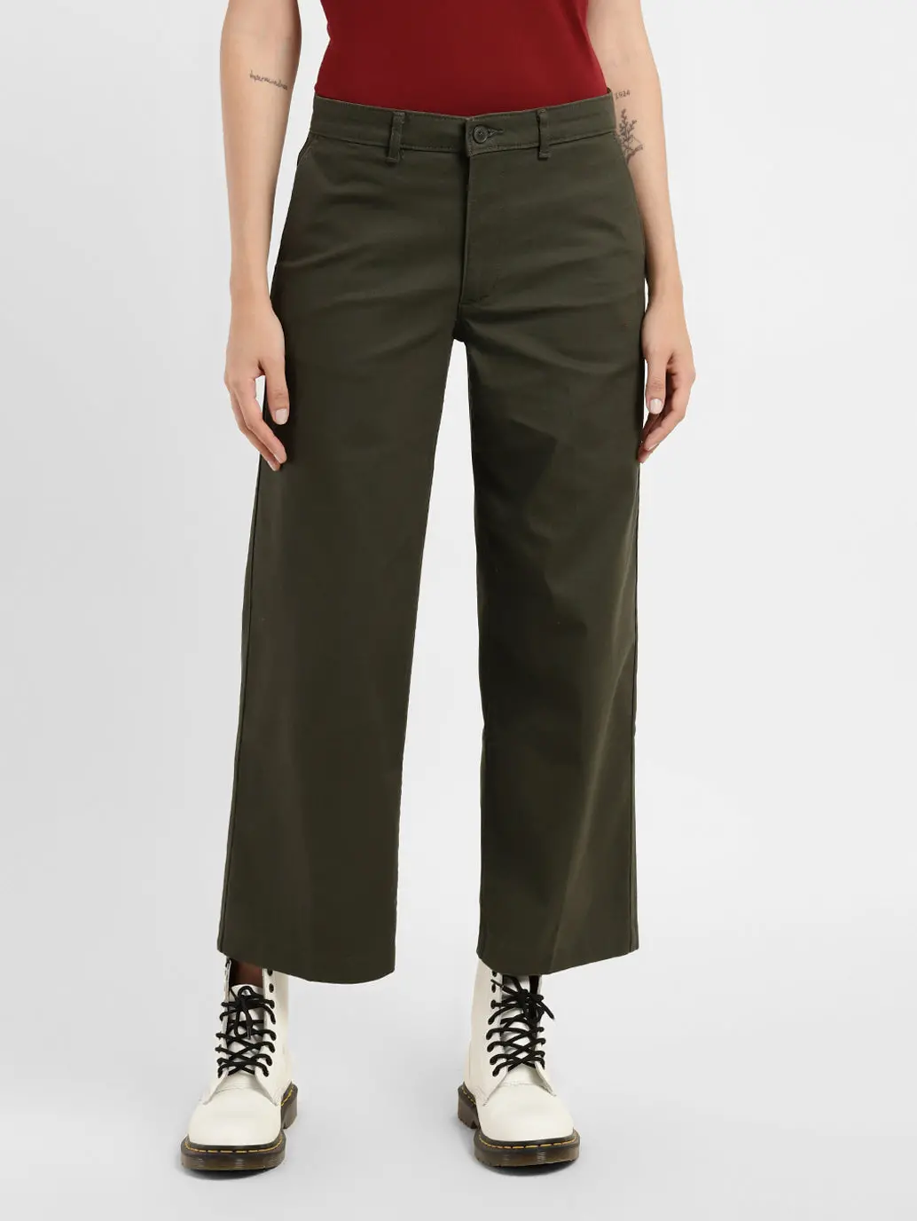 Women's Mid Rise Olive Relaxed Fit Trousers 1