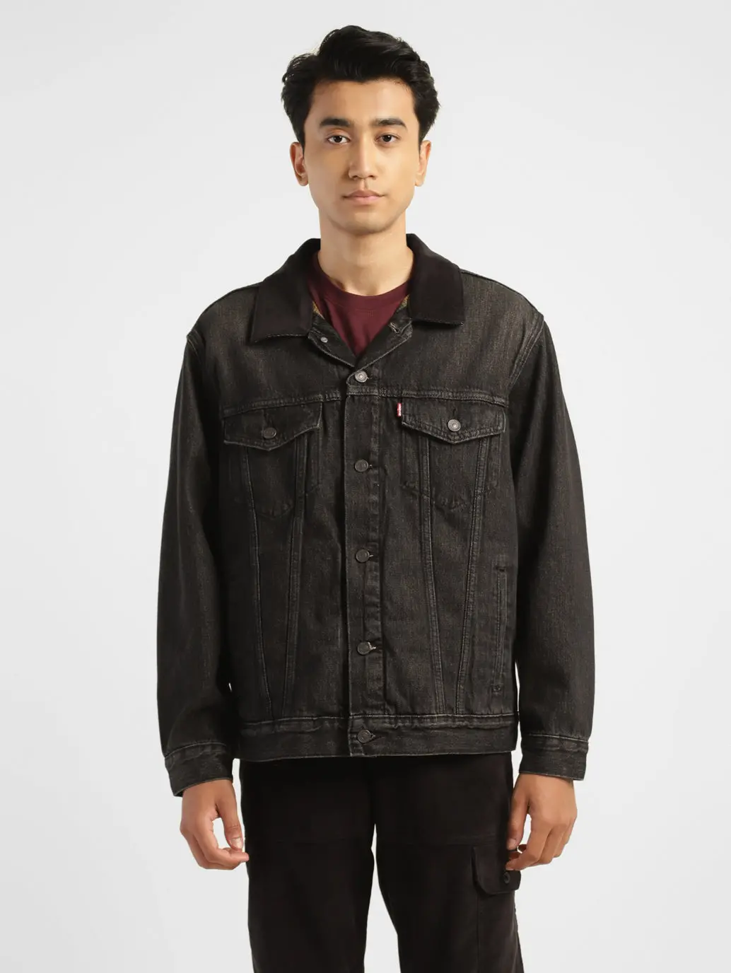 Men's Solid Black Collar Neck Trucker Jacket 1