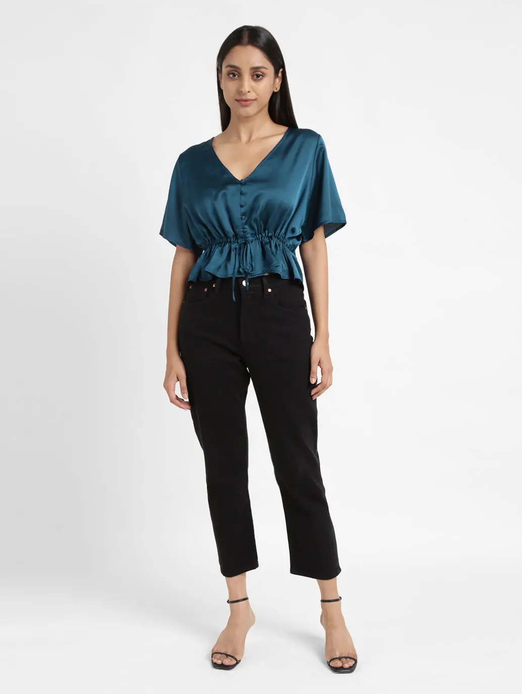 Women's Solid Green V Neck Top 1