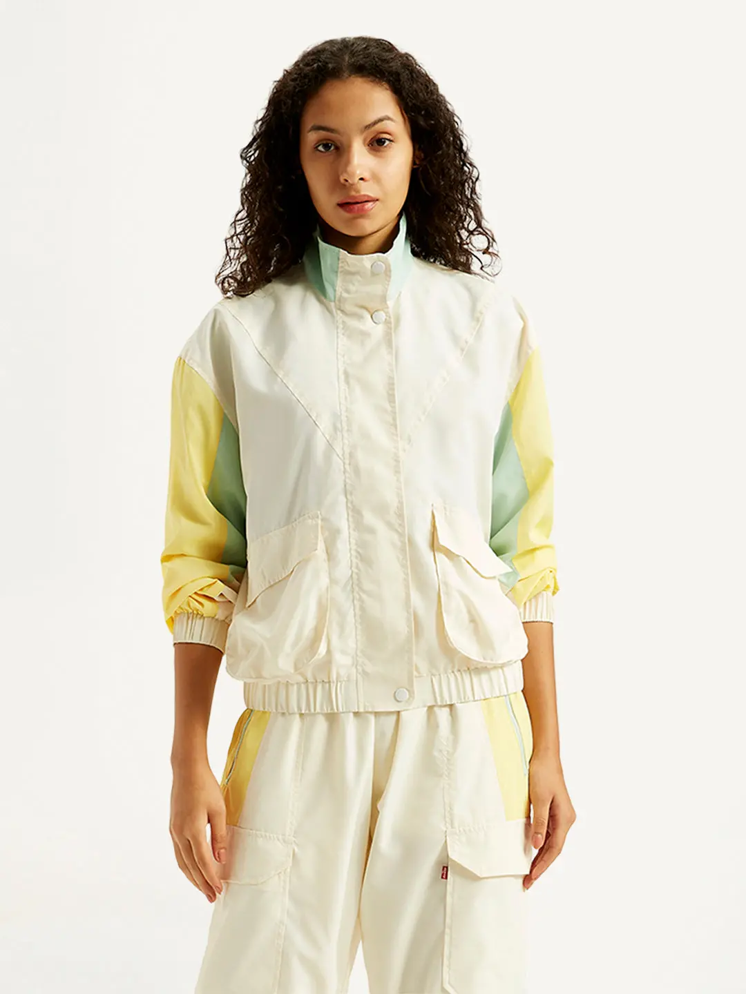 Women's Colorblock White High Neck Jacket 1