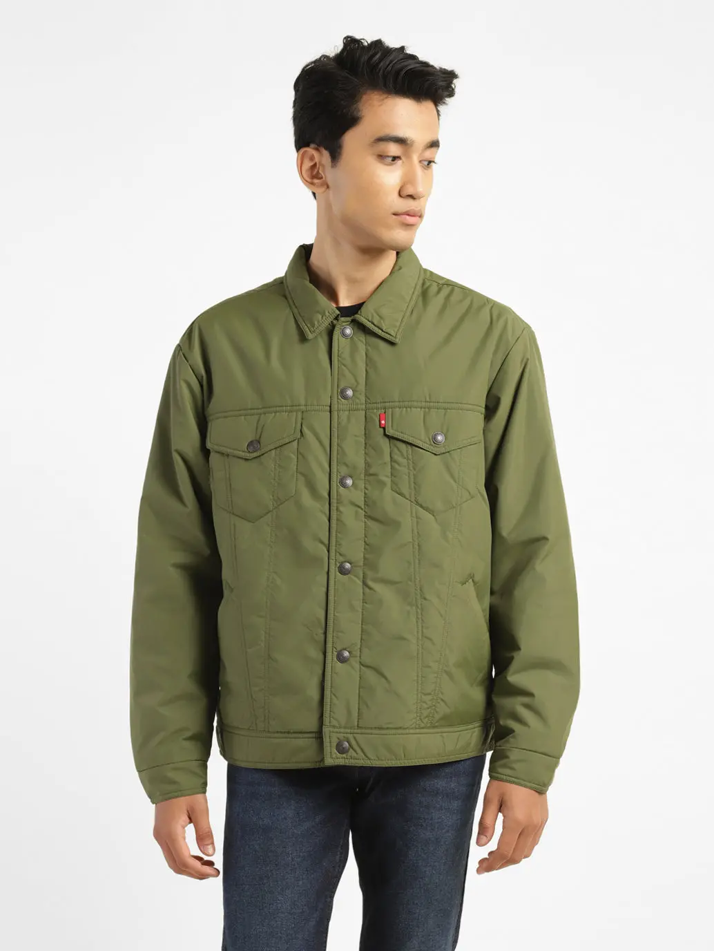 Men's Solid Green Collar Neck Padded Jacket 1