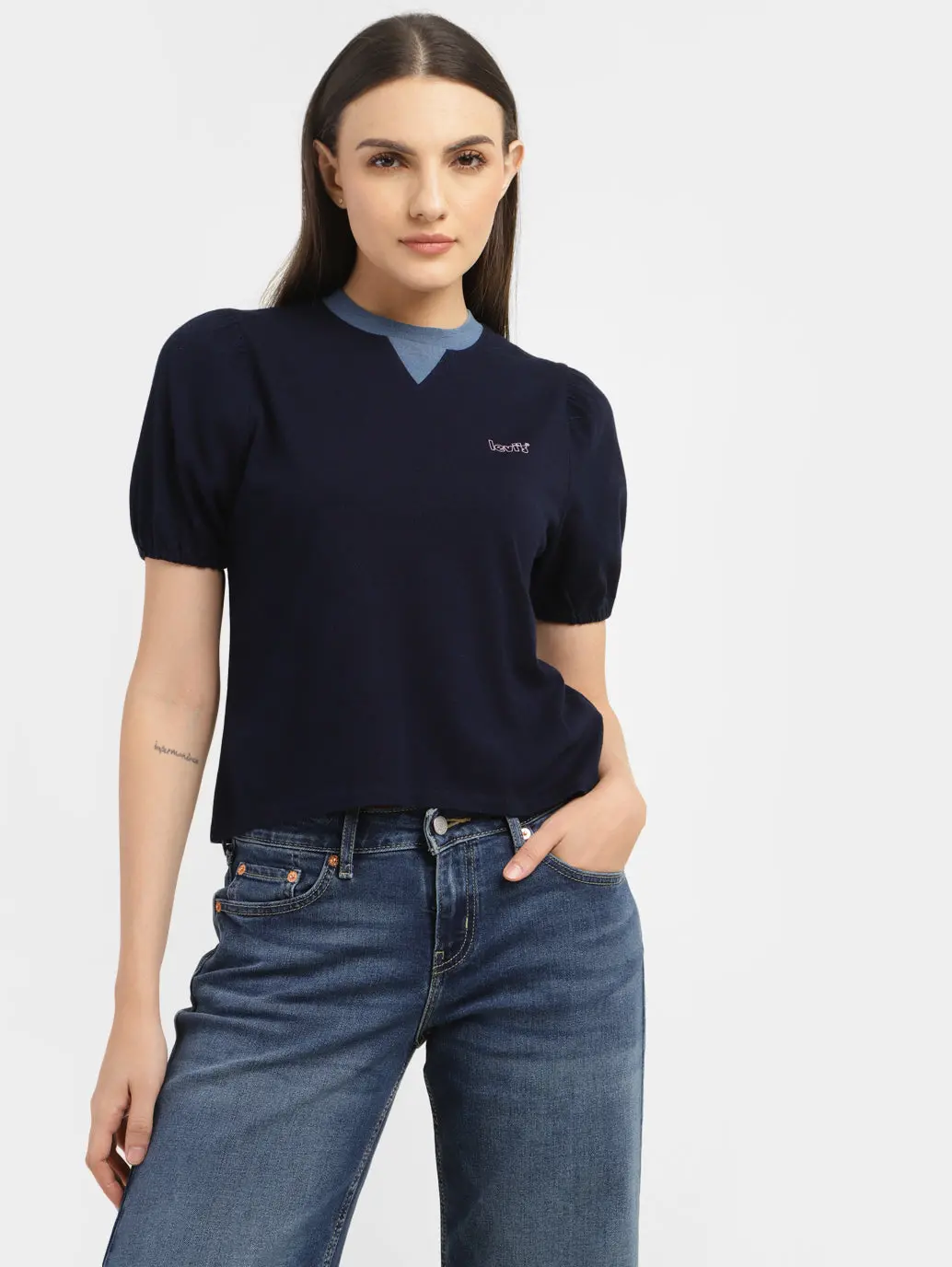 Women's Solid Navy Crew Neck Top 1