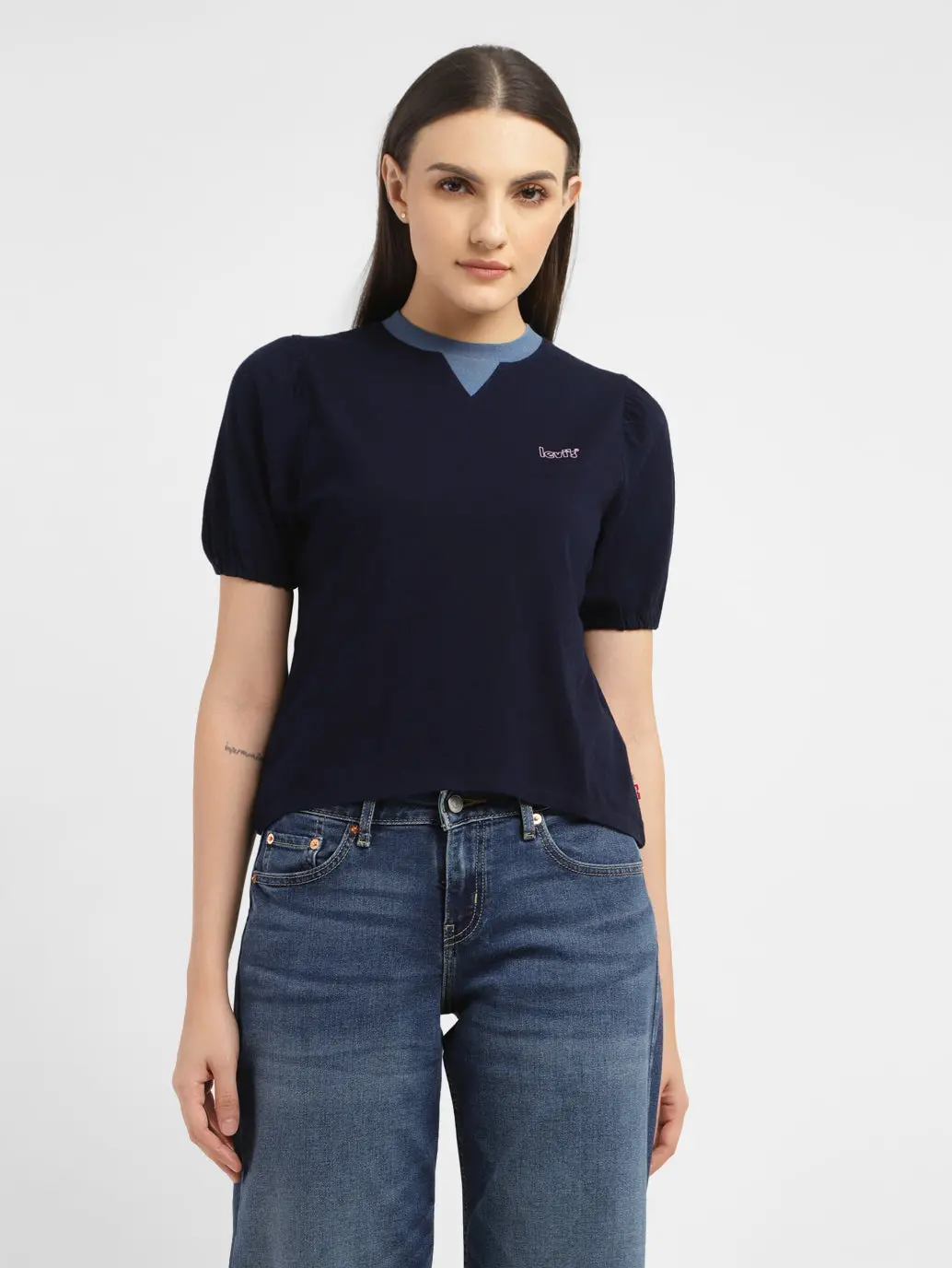 Women's Solid Navy Crew Neck Top 2