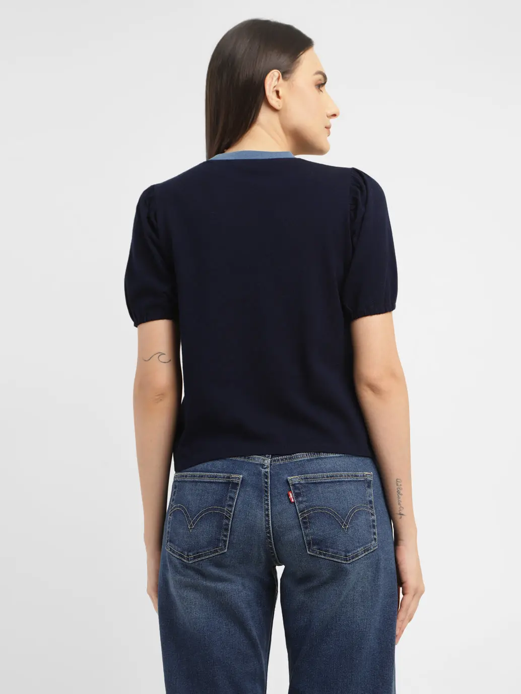 Women's Solid Navy Crew Neck Top 3