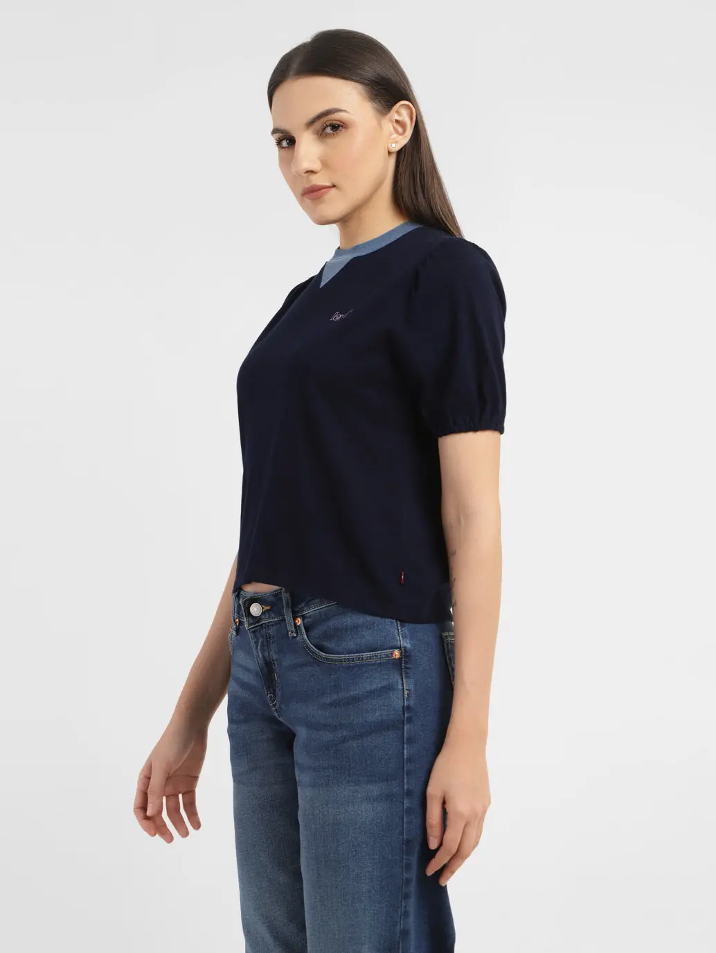Women's Solid Navy Crew Neck Top 4