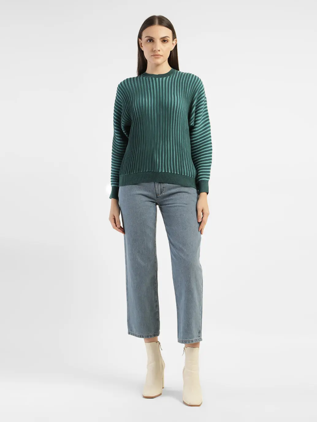 Women's Textured Green Crew Neck Sweater 1