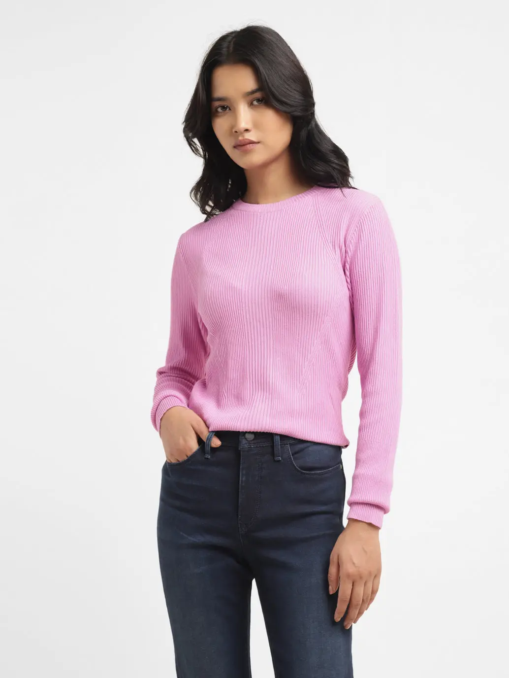 Women's Self Design Pink Crew Neck Sweater 1