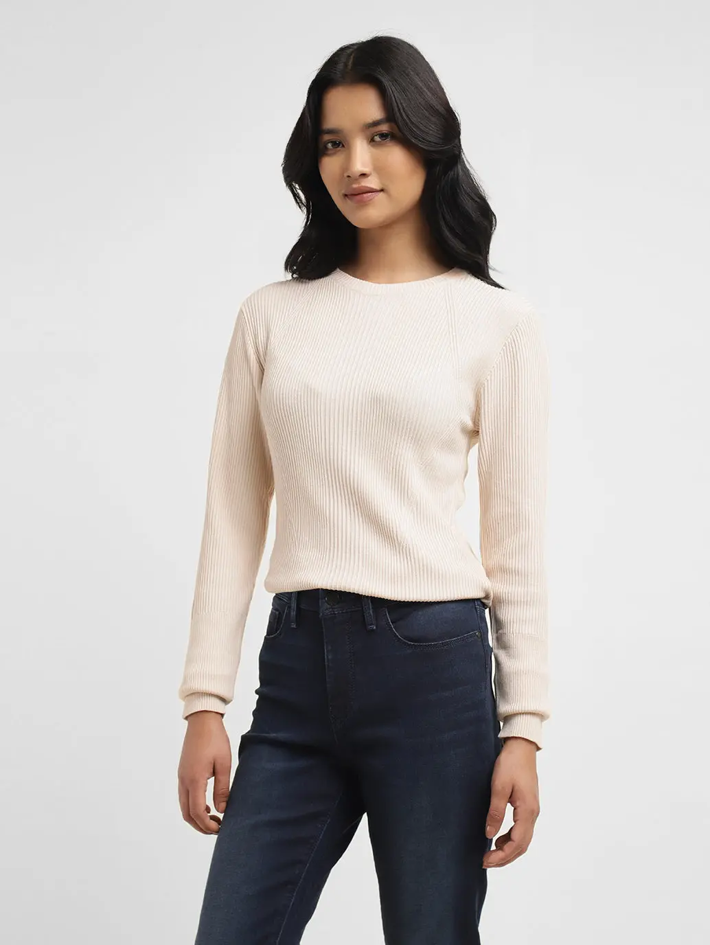 Women's Self Design Beige Crew Neck Sweater 1