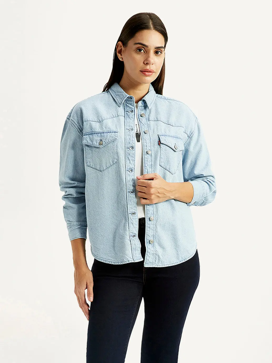 Women's Solid Indigo Spread Collar Relaxed Fit Denim Shirt 1