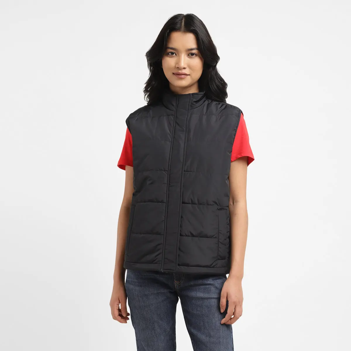 Women's Solid Black High Neck Padded Jacket 1