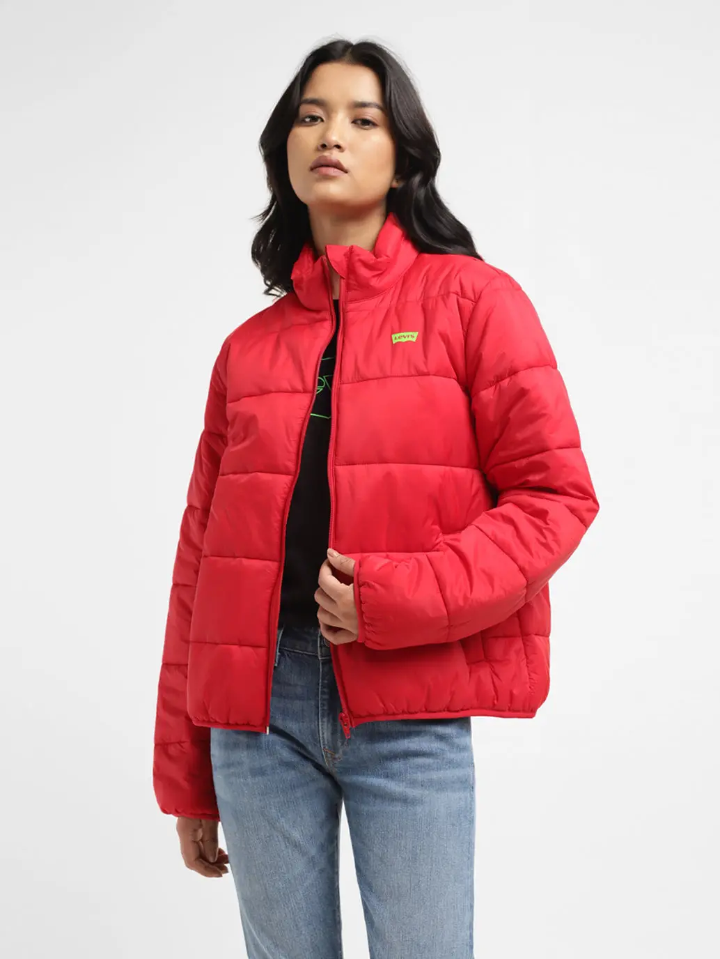 Women's Solid Red High Neck Quilted Jacket 1