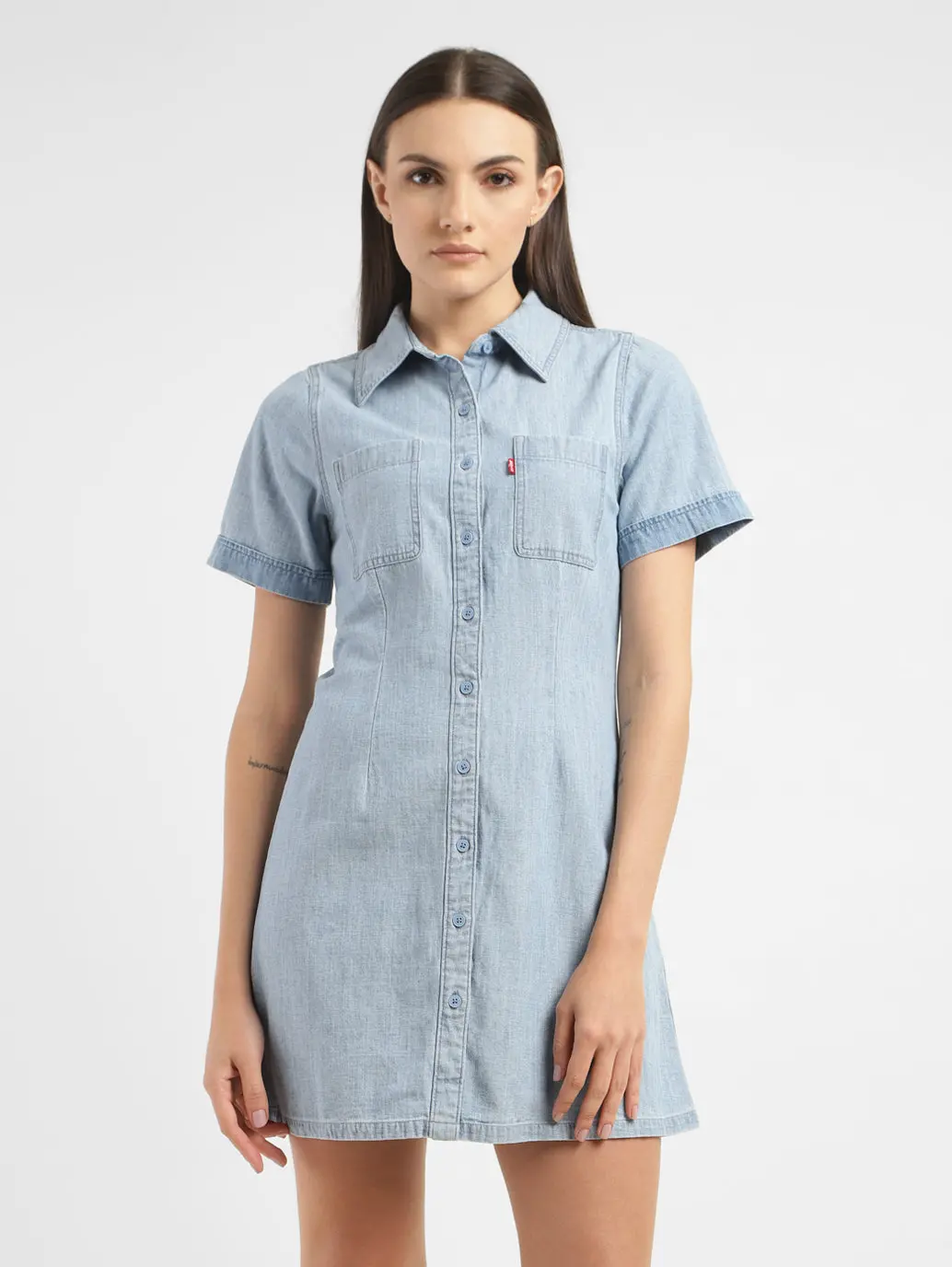 Women's Solid Spread Collar Denim Dress 1