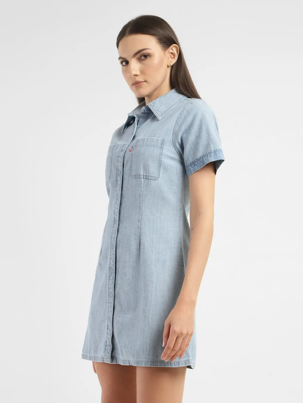 Women's Solid Spread Collar Denim Dress 4