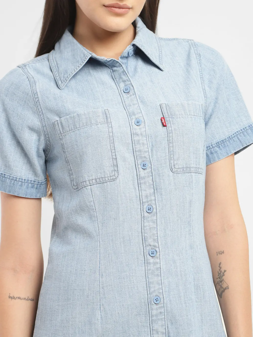 Women's Solid Spread Collar Denim Dress 5