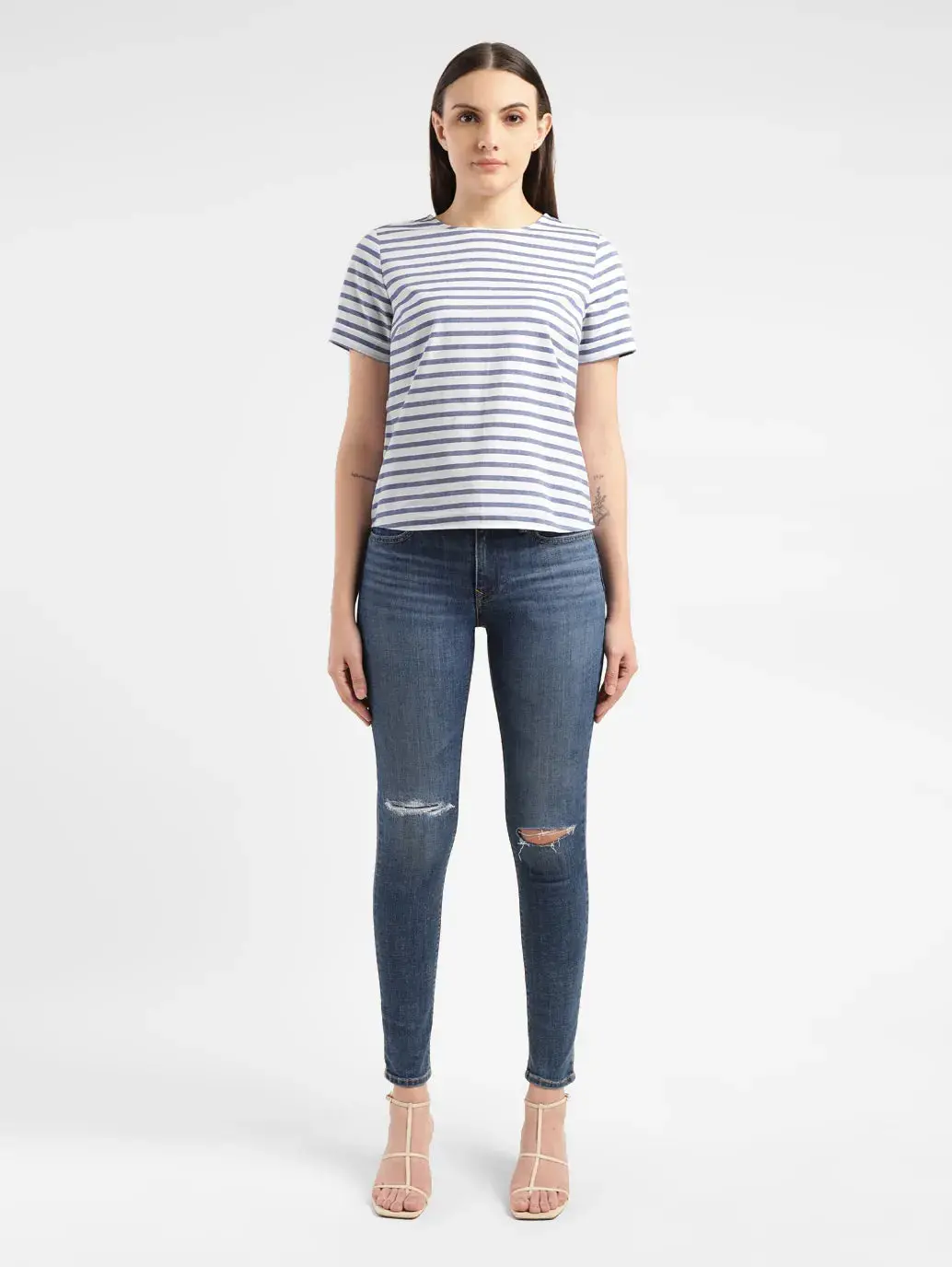 Women's Striped White Round Neck Top 1