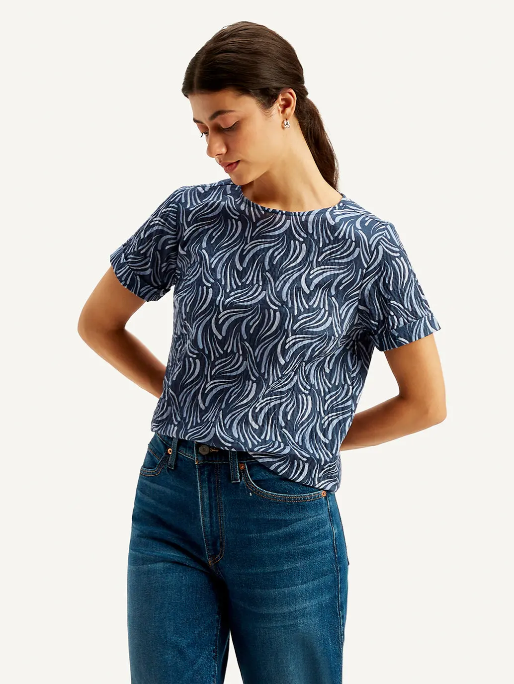 Women's Abstract Print Navy Blue Round Neck Top 2