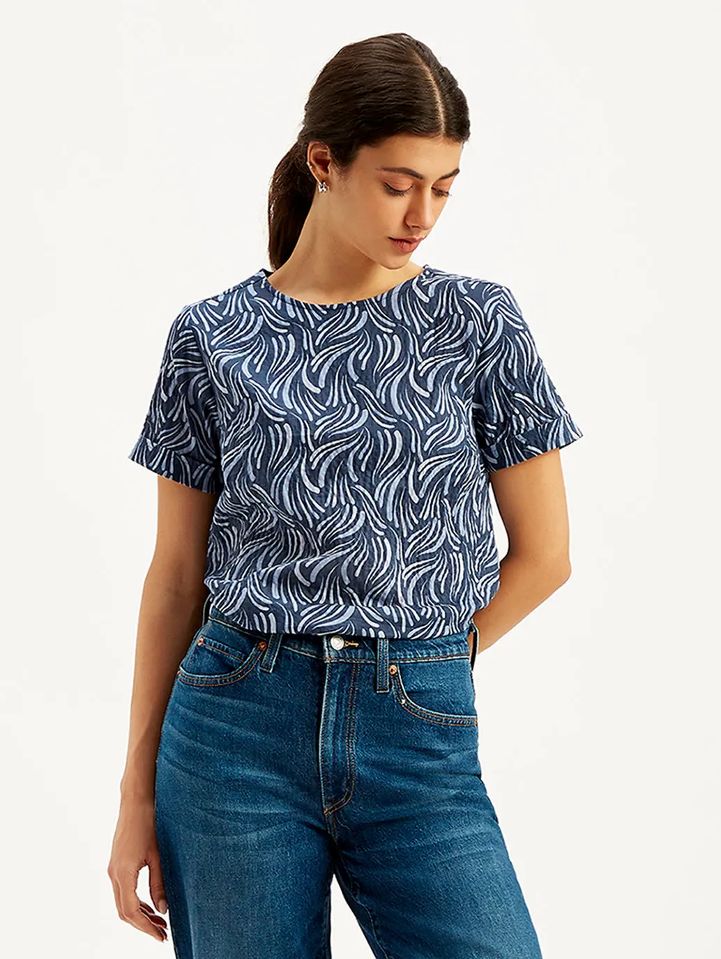Women's Abstract Print Navy Blue Round Neck Top 3