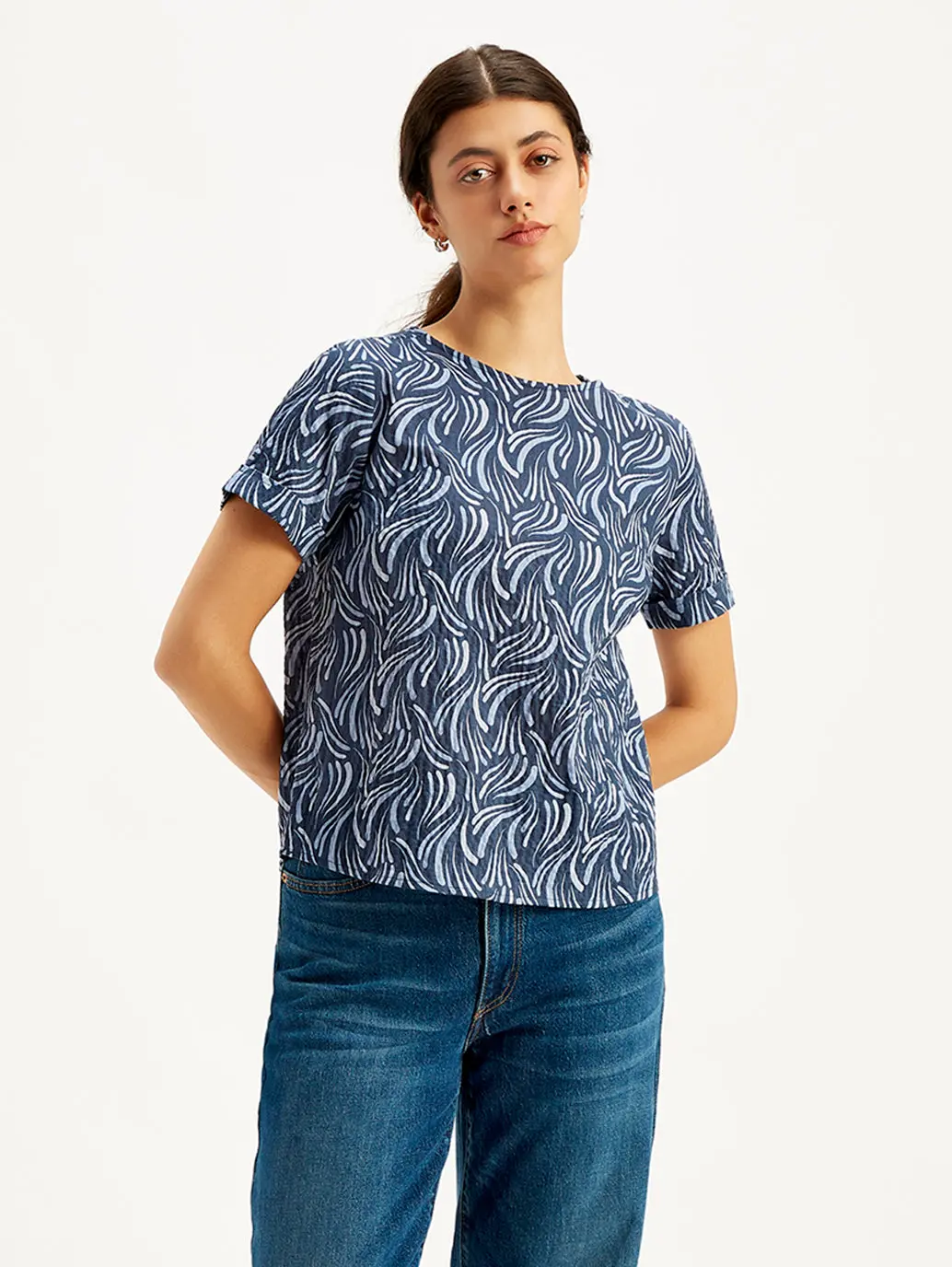 Women's Abstract Print Navy Blue Round Neck Top 4