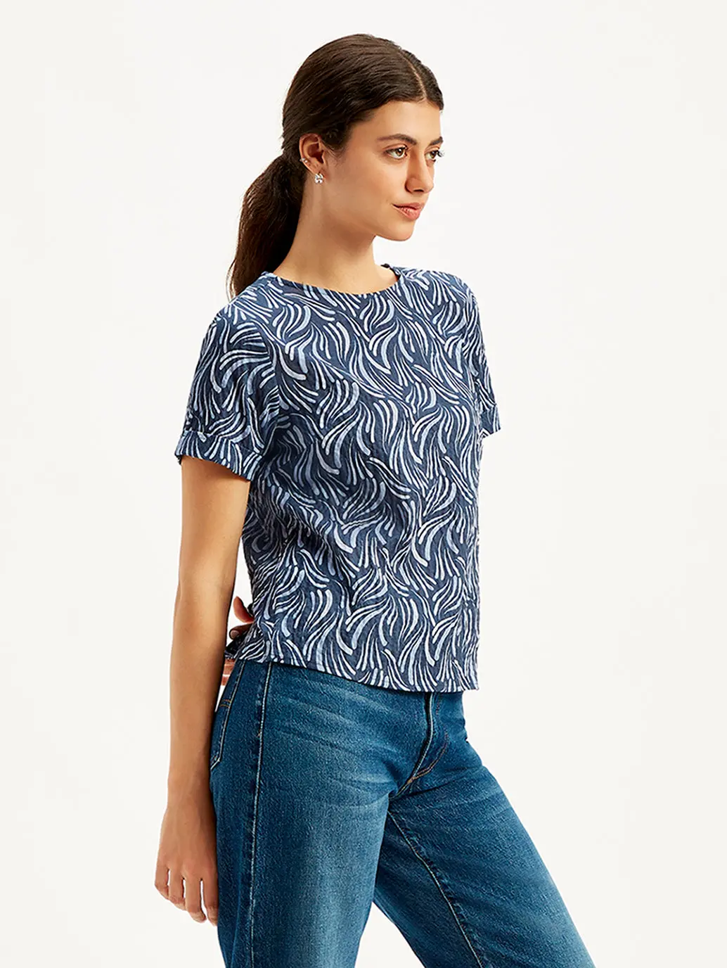 Women's Abstract Print Navy Blue Round Neck Top 1