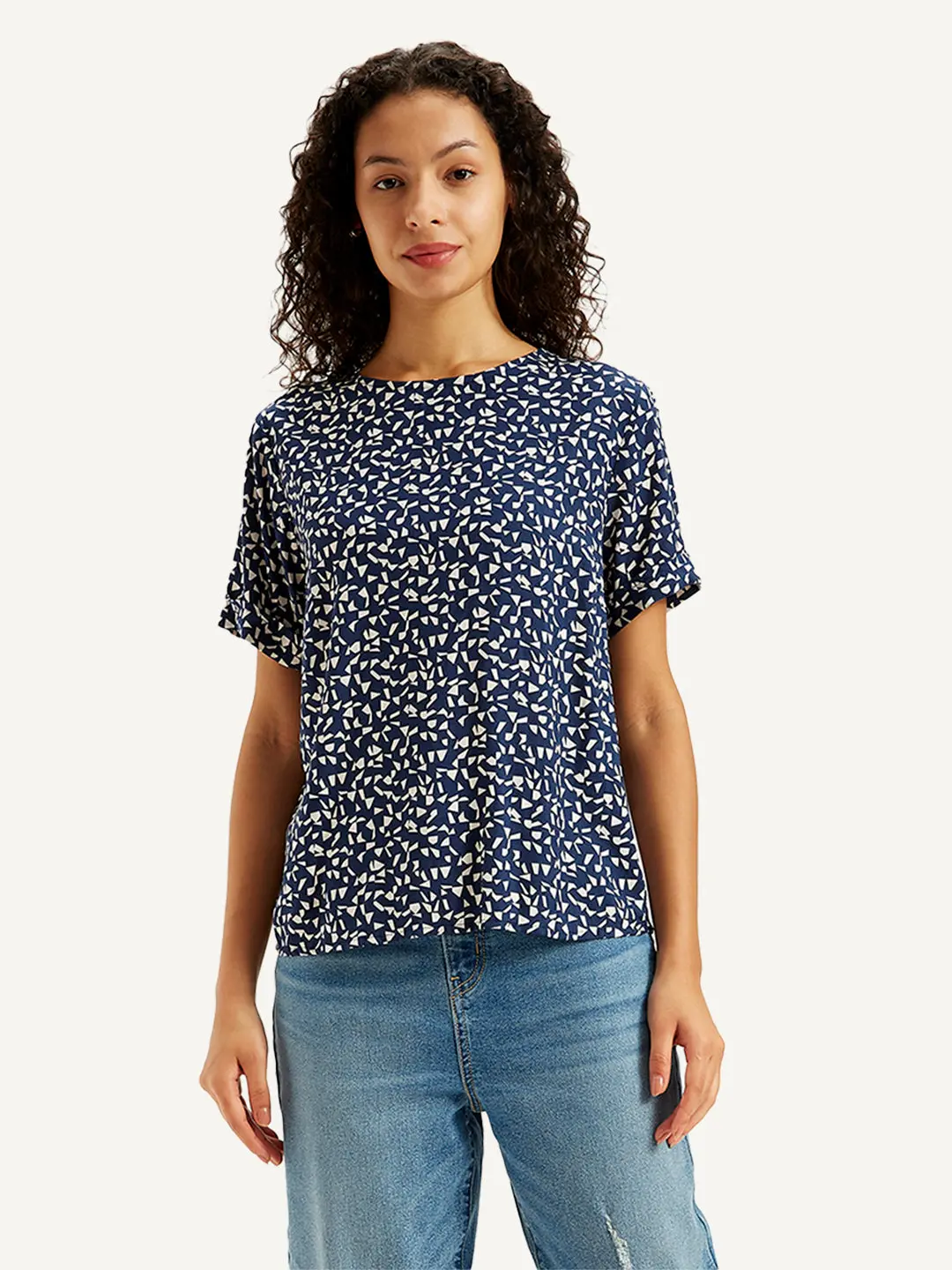 Women's Geometric Print Navy Round Neck Top 1