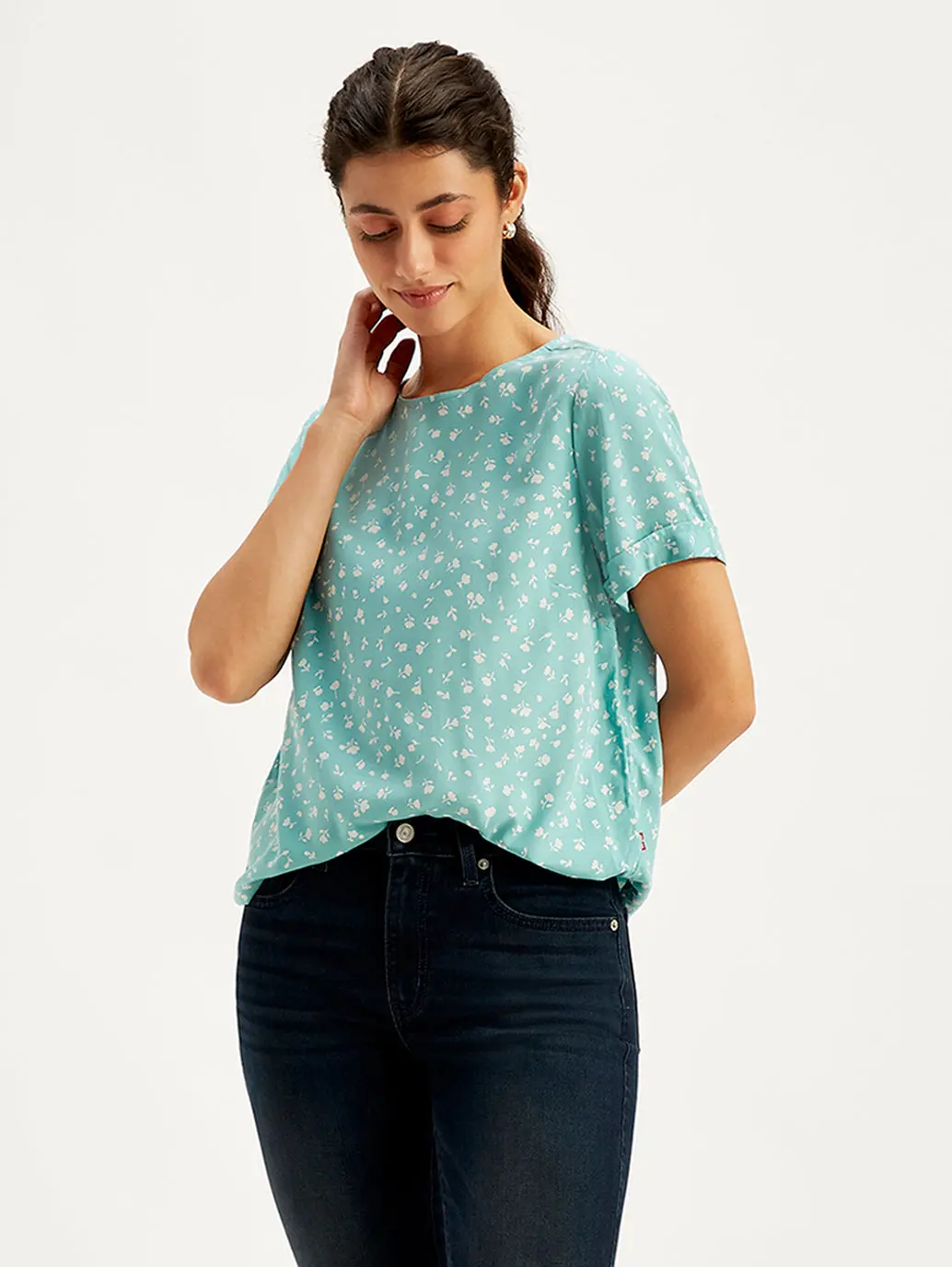 Women's Floral Print Light-Blue Round Neck Top 1