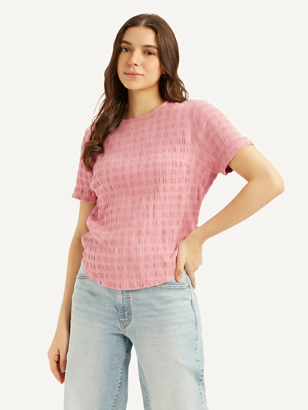 Women's Textured Pink Round Neck Top 1
