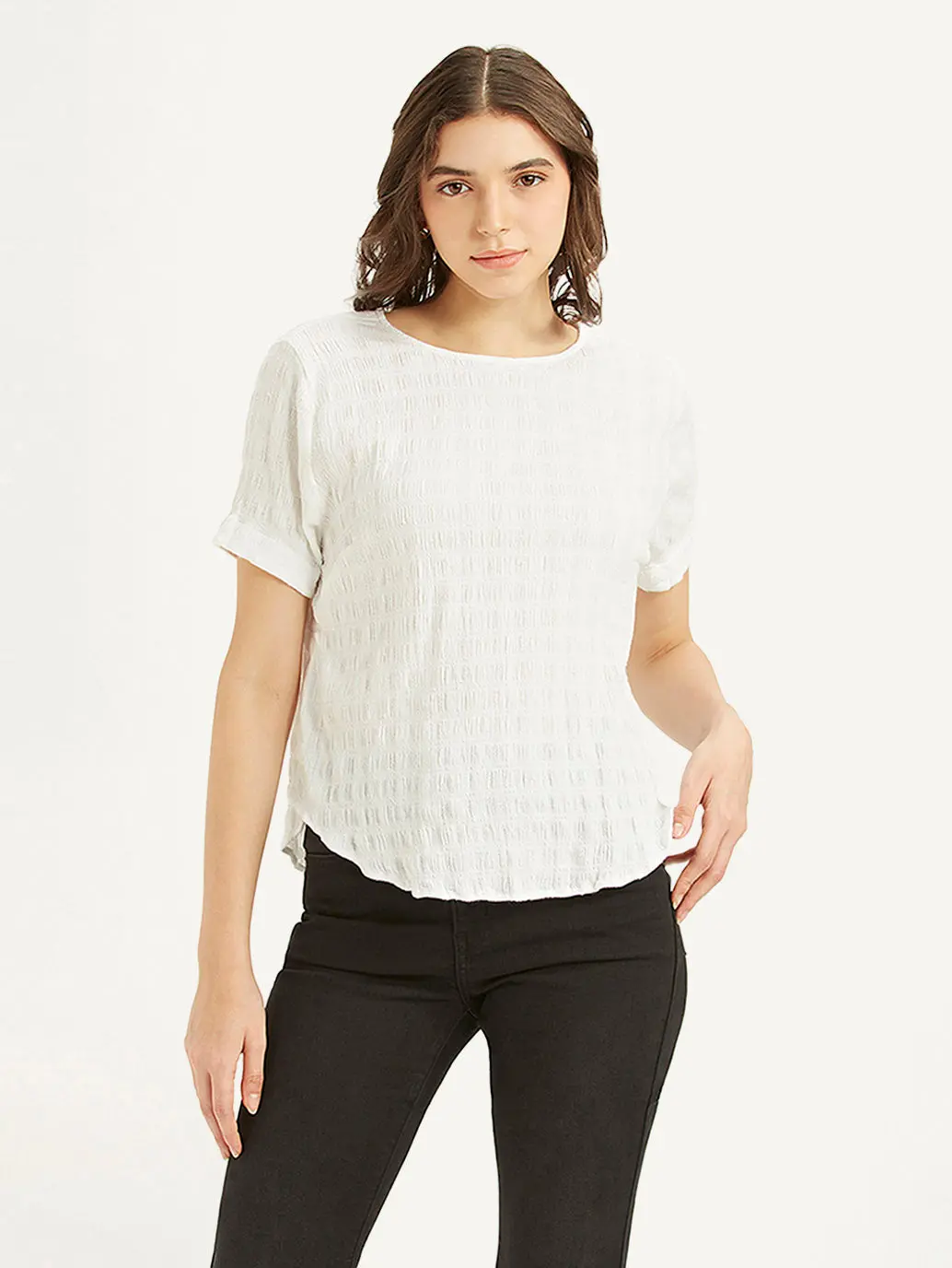 Women's Textured White Round Neck Top 2