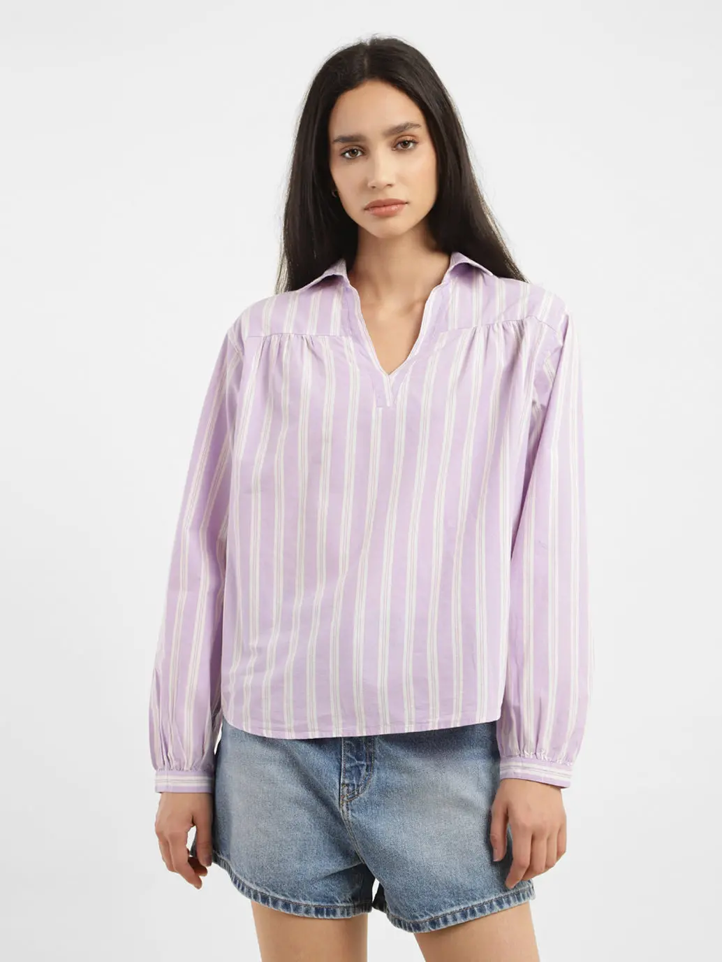 Women's Striped Spread Collar Top 1