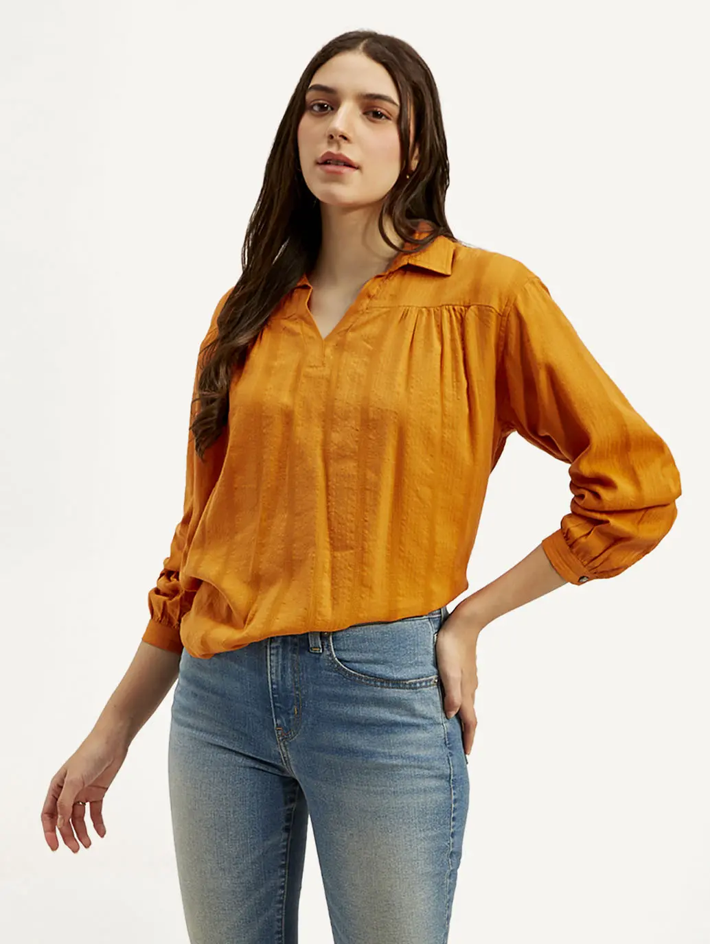 Women's Textured Orange Spread Collar Top 1